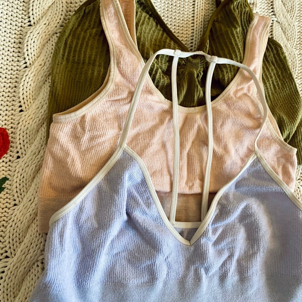 Set of 3 Ribbed Bralette Tops in Olive, Blush, and Blue